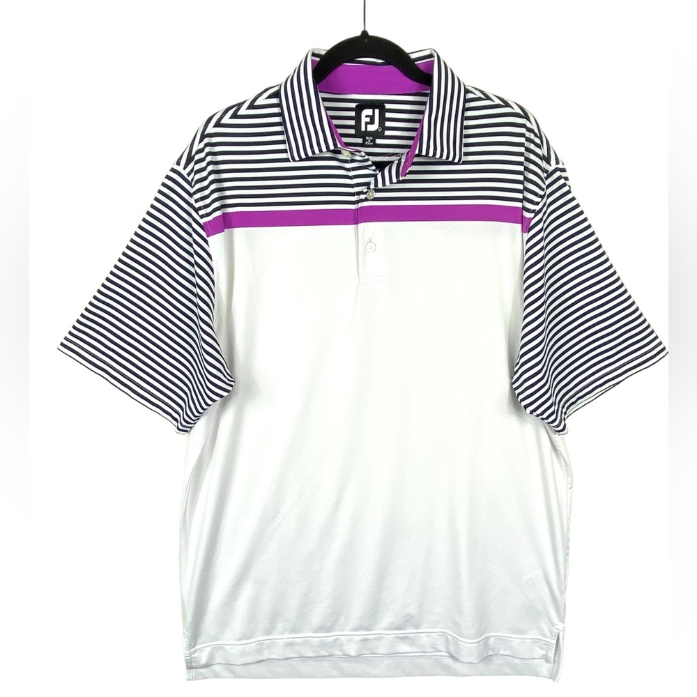 FootJoy FJ Golf Polo Shirt Mens Large Black White Stripe Pink Short Sleeve